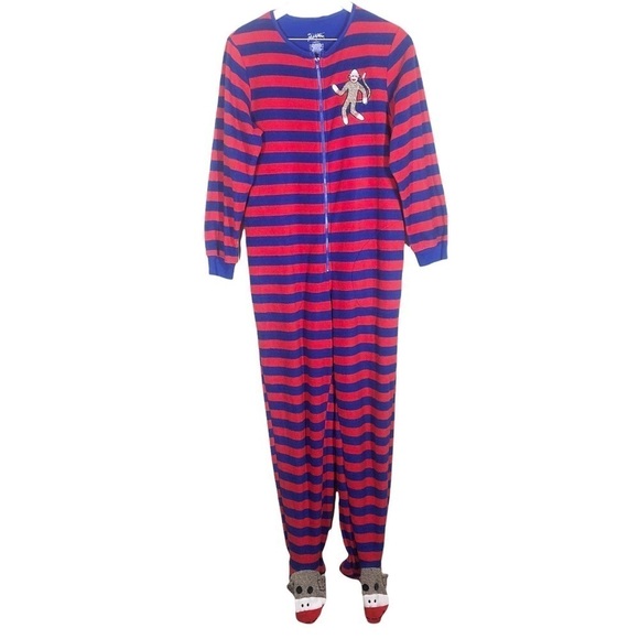 Nick & Nora Sock Monkey Zip Up Onesie Sleepwear Pajamas One Piece Small Red Blue - Picture 1 of 10